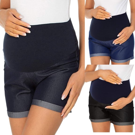 Trendfront Women's Maternity High Waisted Colorblock Denim Style Shorts Stretchy Casual Summer Everyday Shorts for Women