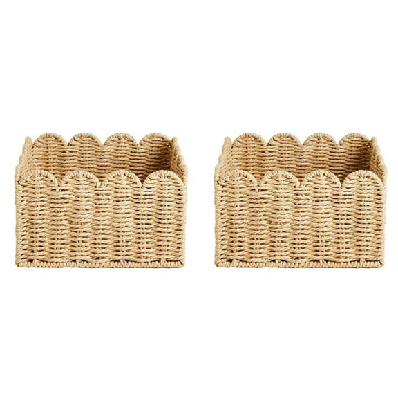 2X Scalloped Edge Basket, Wicker Storage Baskets,Handwoven Organizing Baskets for Shelves, Paper Rope Design