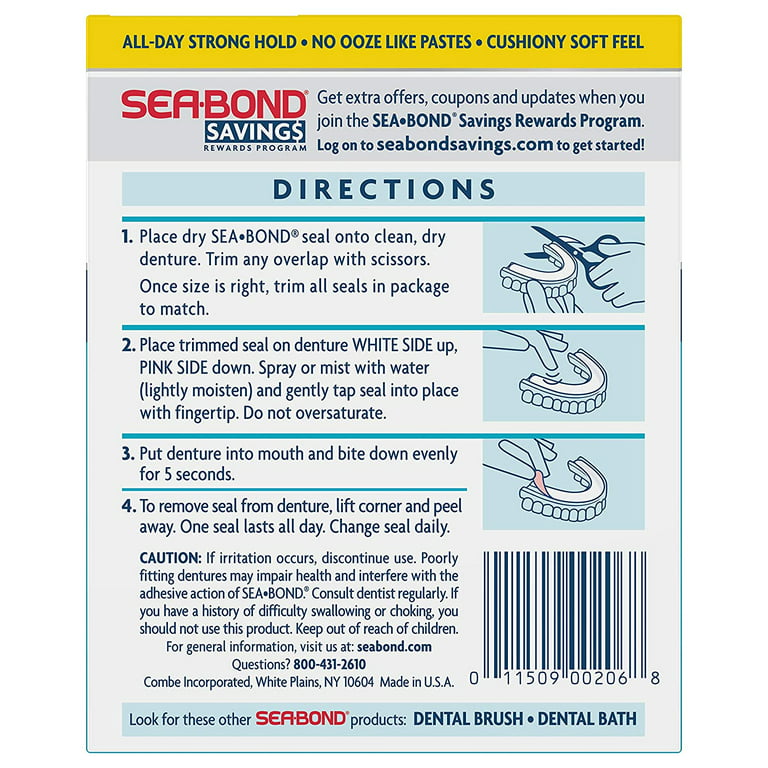 Sea-bond Secure Denture Adhesive Seals Lowers Original, Zinc Free, All Day Hold, Mess Free, 30 Count (Pack of 4)
