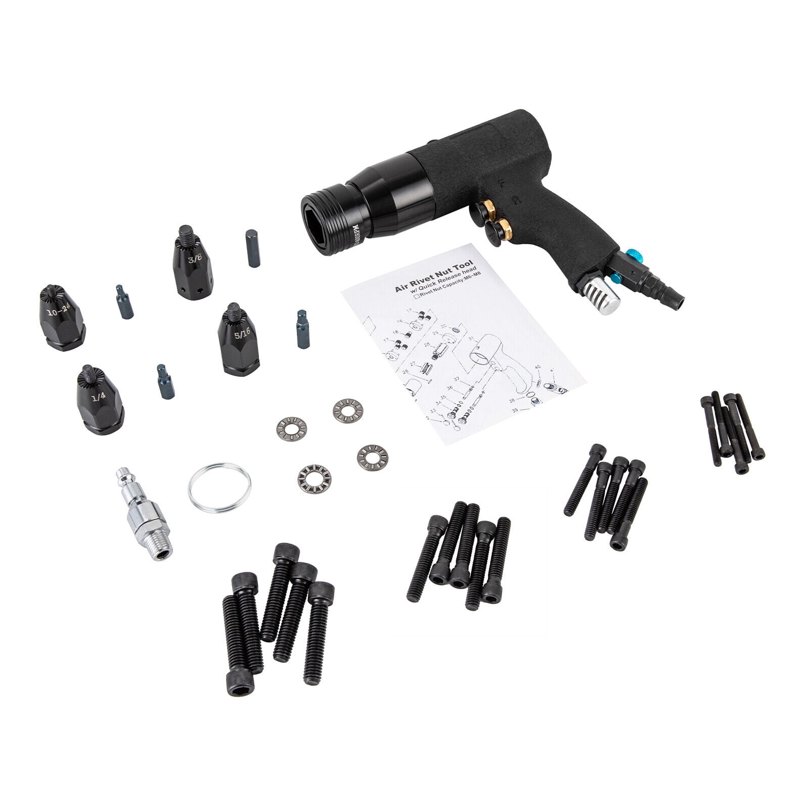 1/4" Pneumatic Rivet Nut Gun With 10-24''&1/4'' &5/16'' &3/8'' Automatic Nutsert