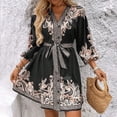 thumbnail image 2 of WTOBBY Women's Fashion Floral Print V-Neck 3/4 Sleeve Tie Waist Dress, Casual Midi Dress with Flattering Silhouette for Day to Night Transition,Black M, 2 of 6