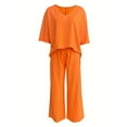 thumbnail image 2 of Enjoytime Women Sets 2 Piece Outfits Solid Color V-Neck Short Sleeve Tops Wide Leg Pants Loungewear Business Work Casual Plus Size Clothing Orange XXL, 2 of 4