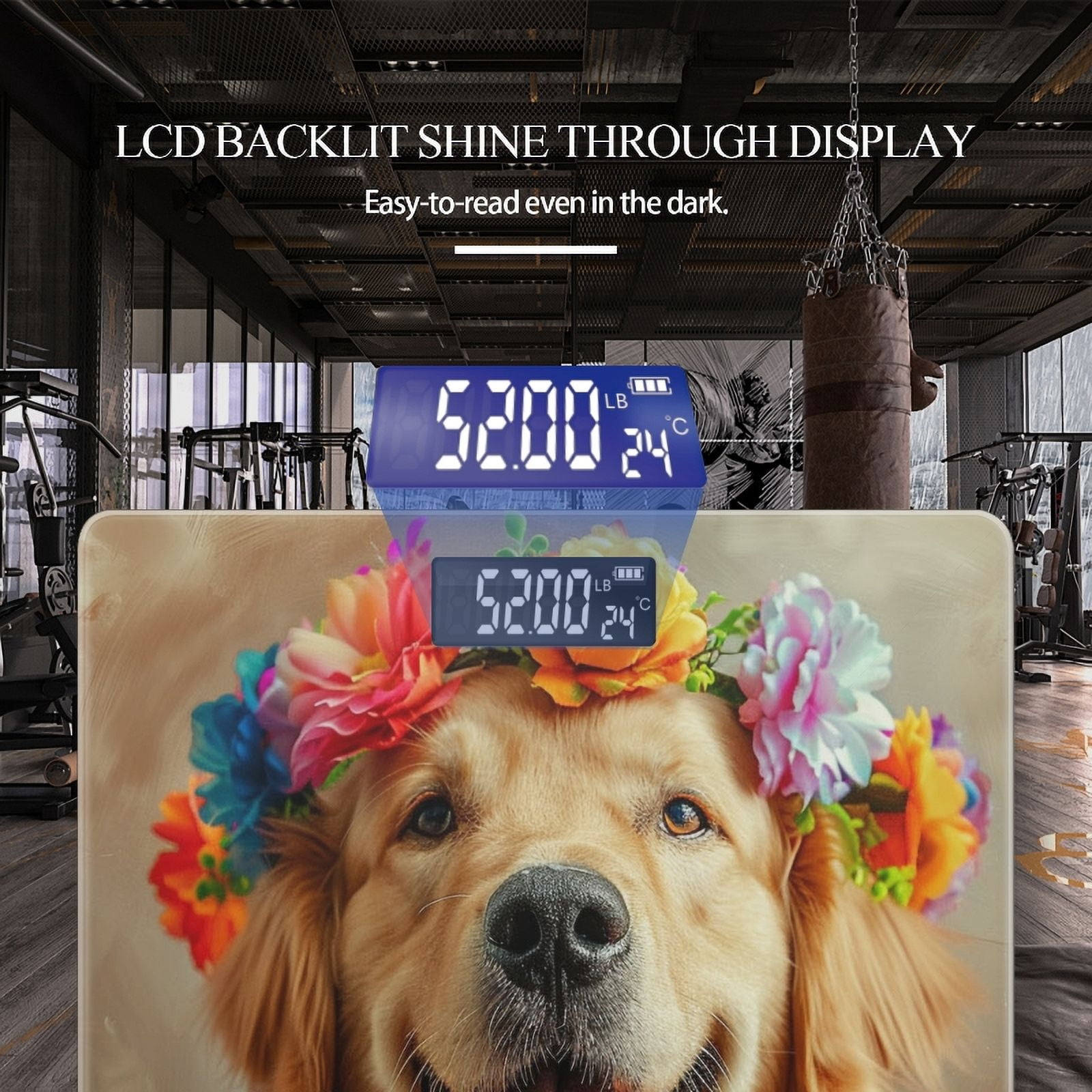 Bathroom Scale, Highly Accurate Digital Body Scale,Precisely Measures Weight up to 400 lbs-Portrait Of Happy Smiling Golden Retriever Dog With A Colorful Flower