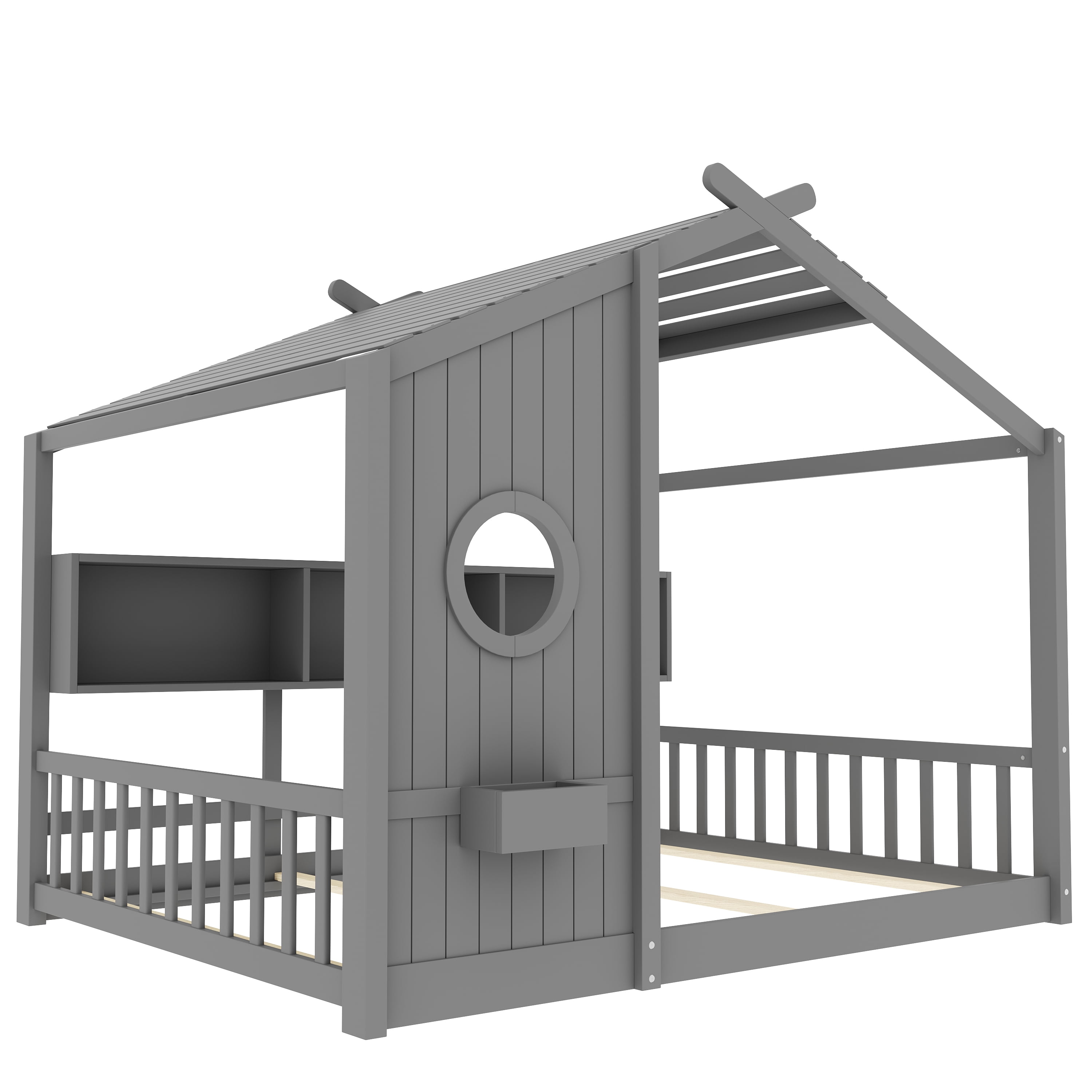 Mintazer Full Size Montessori House Floor Bed with Gable Playhouse Roof & Storage Cubbies, Low Platform Bed Frame with Round Window Side Panel for Toddlers Kids Bedroom, Gray