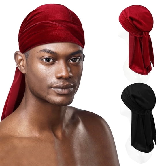 Wowstyle 2 Pieces Velvet Durag For Men Women Solid Color Doo Rags Beanie 360 Wave Skull Cap Silky Bandana Turban Headwrap (Black & Red)