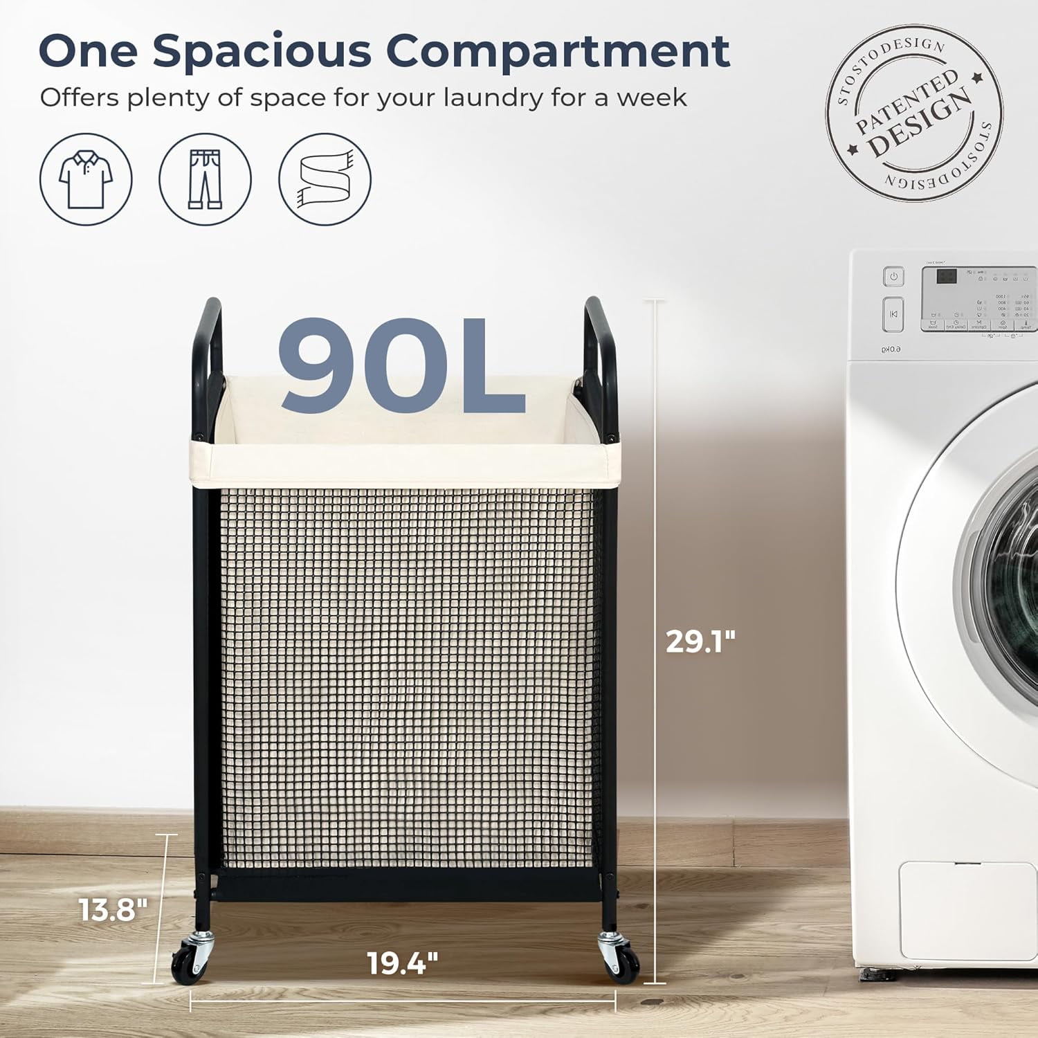 Laundry Hamper, 90L Rolling Laundry Sorter Cart with Removable and Washable Liner Bag, Rolling Clothes Hamper with Metal Handle for Laundry Room and Bedroom