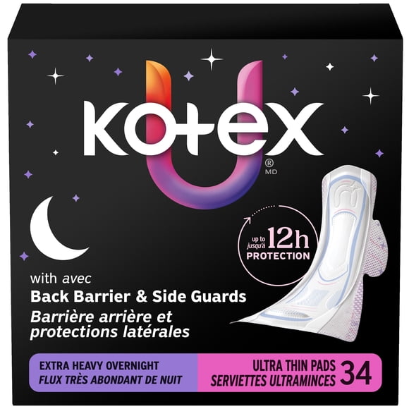 Serviettes ultraminces de nuit Kotex avec ailes, absorption très élevée, 34 unités