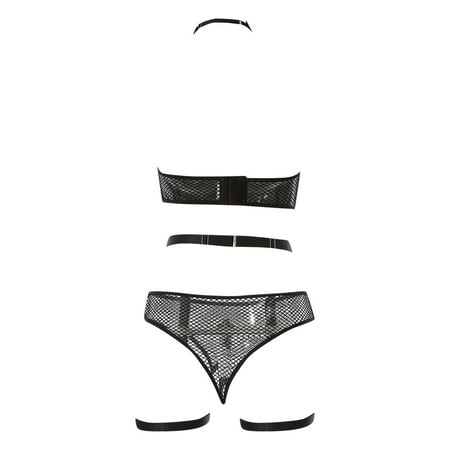 

NECHOLOGY Latex Lingerie Fishnet Patchwork See Through Underwear Halter Bra Revealing Dresses for Women Underwear Black Large