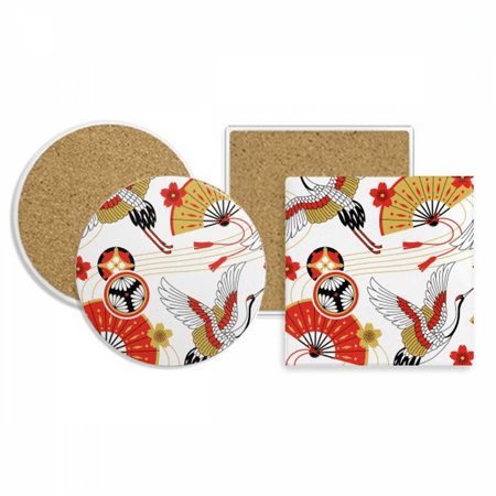 

Crane Folding Fan Sakura Pattern Coaster Cup Mug Holder Absorbent Stone Cork Base Set