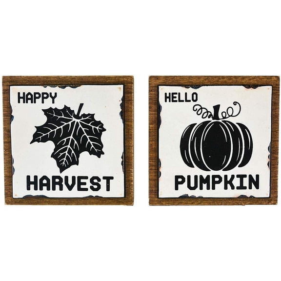 Hello Pumpkin & Happy Harvest Block Set Fall Autumn Thanksgiving Decor Set of 2 (6"x6")