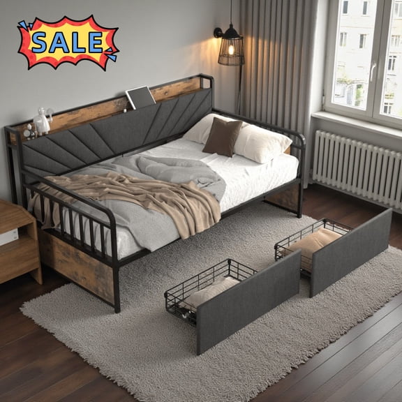 Tcbosik Daybed with Charging Station and LED Lights, Twin Size Sofa Bed with 2 Drawers, Metal Bed Frame with Upholstered Headboard, Space Saving & Easy Assembly, Black Grey