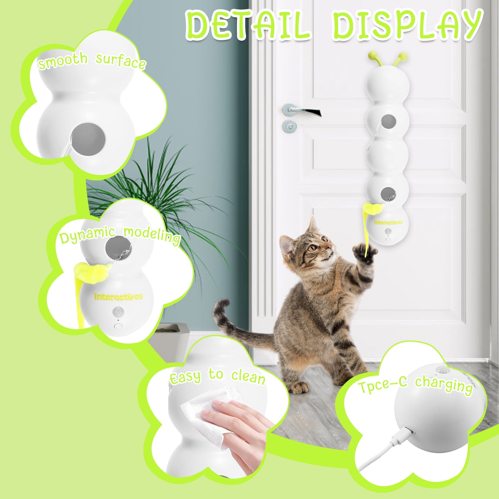 LINFANG Smart Cat Toy with Worm Design Rechargeable Motion Activated Interactive Cat Toy with Suction Cup Wall and Window Mounted for Boredom