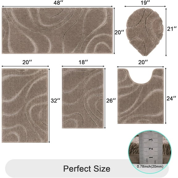 HEBE Bathroom Rugs Sets 5 Piece, Soft Absorbent Microfiber Bath Mat for Bathroom, Non Slip Washable Bath Rug Set with Toilet Cover, Bath Runner and U-Shaped Contour Toilet Rug, Coffee