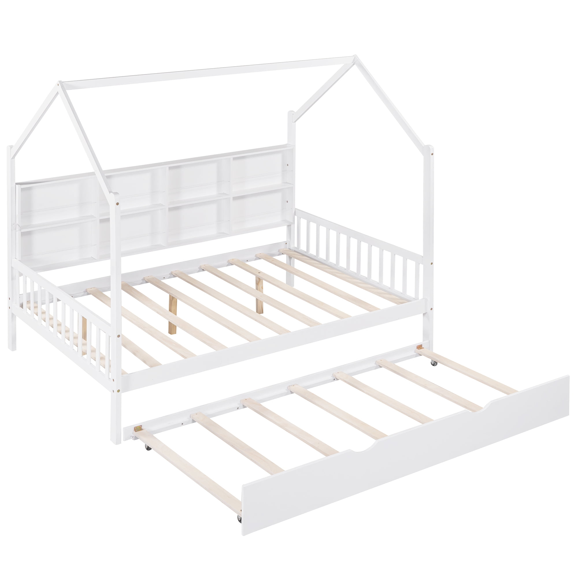 Aukfa House Bed with Trundle, Full Platform Bed with Storage Shelves and Roof - White