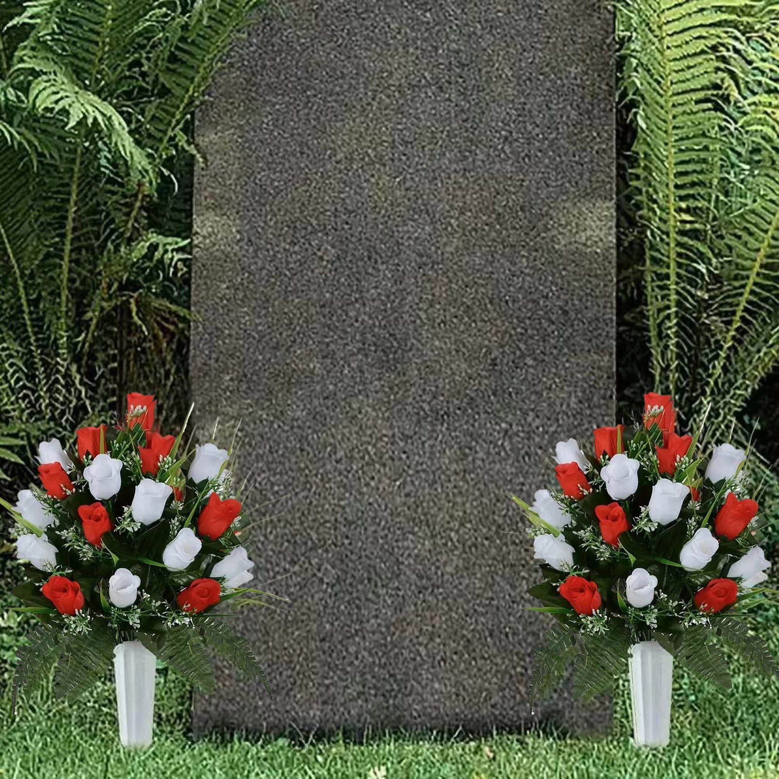 Artificial Memorial Flowers for Cemetery - 19" Silk Rose Bouquet Grave Decor - Weather-Resistant Floral Arrangement for Headstones, Graveyards & Outdoor Memorials (Set of 2)