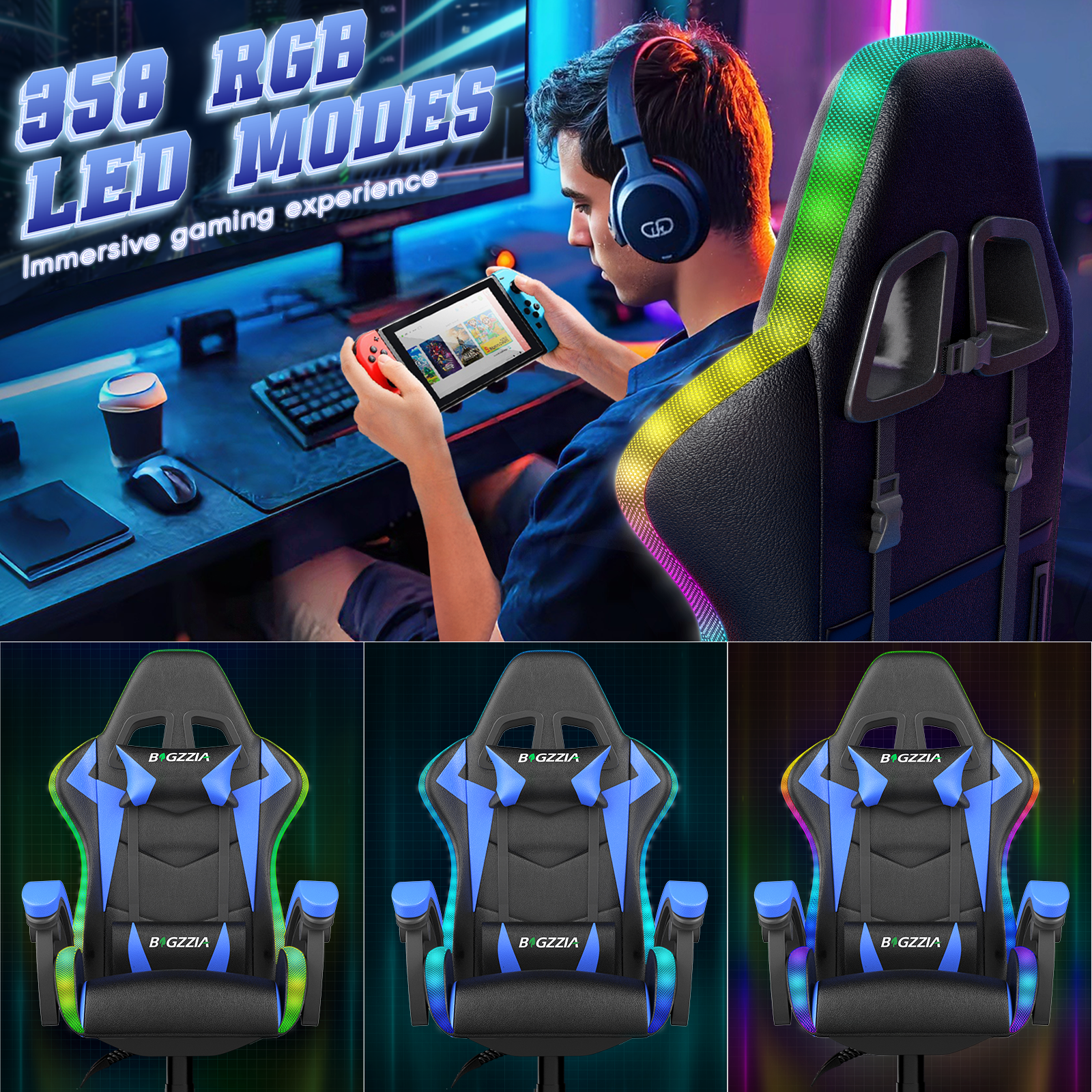 Bigzzia Gaming Chair with LED Lights Ergonomic Office Chair for Adults and Kids - Adjustable Height, 360° Swivel, Headrest Support, Mesh PU Leather, Black & Blue