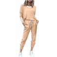 thumbnail image 5 of Womens Plus Size Casual Sweatsuit Set with Striped Sleeve Top and Jogger Pants for Lounging and Outdoor Beige L, 5 of 8