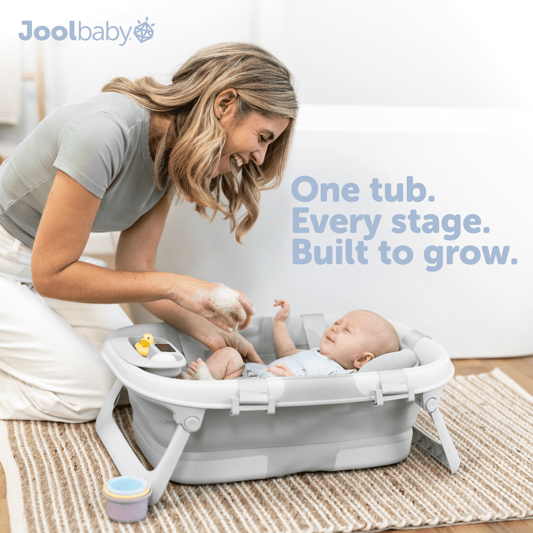 Jool Baby Fold ‘n Store Baby Bathtub – 3 Stage Collapsible Bather for Easy Storage, Portable for Travel – Built-in Thermometer (Gray)