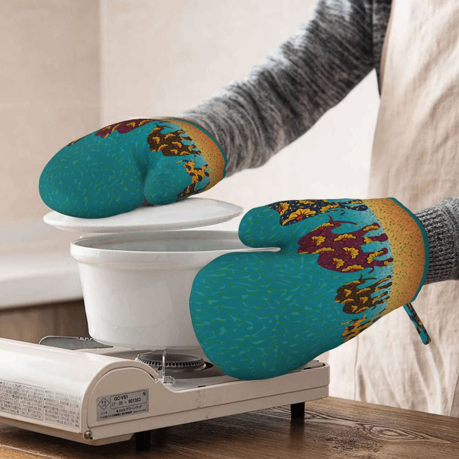Hirioo Elephants for Silicone Oven Mitts for BBQ, Baking, Cooking, Set of 2, Heat Resistant 260℃, Non-Slip Kitchen Essentials