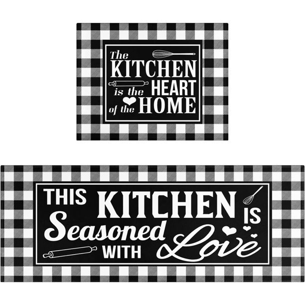 Buffalo Plaid Check Kitchen Rug Mat Set of 2 Kitchen Decor Floor Mats Non Slip Black and White