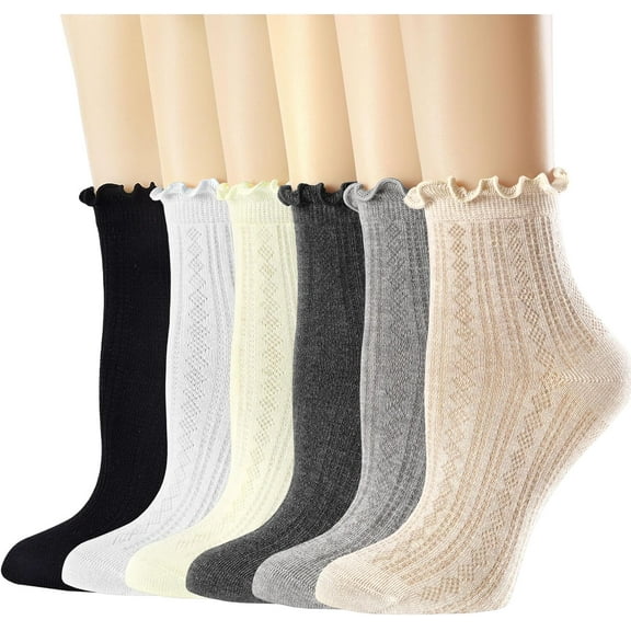 Mcool Mary Womens Crew Socks Ruffle Casual Cotton Frilly Breathable Cute Knit Lettuce Trim Dress Ankle Socks 6 Pairs