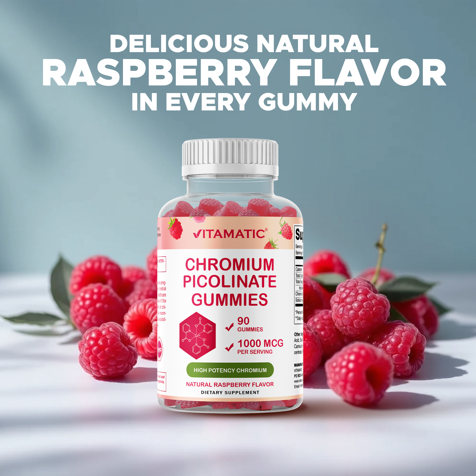 (3 pack) Vitamatic Chromium Picolinate 1000 mcg - 90 Gummies - High Potency Chromium - Raspberry Flavor