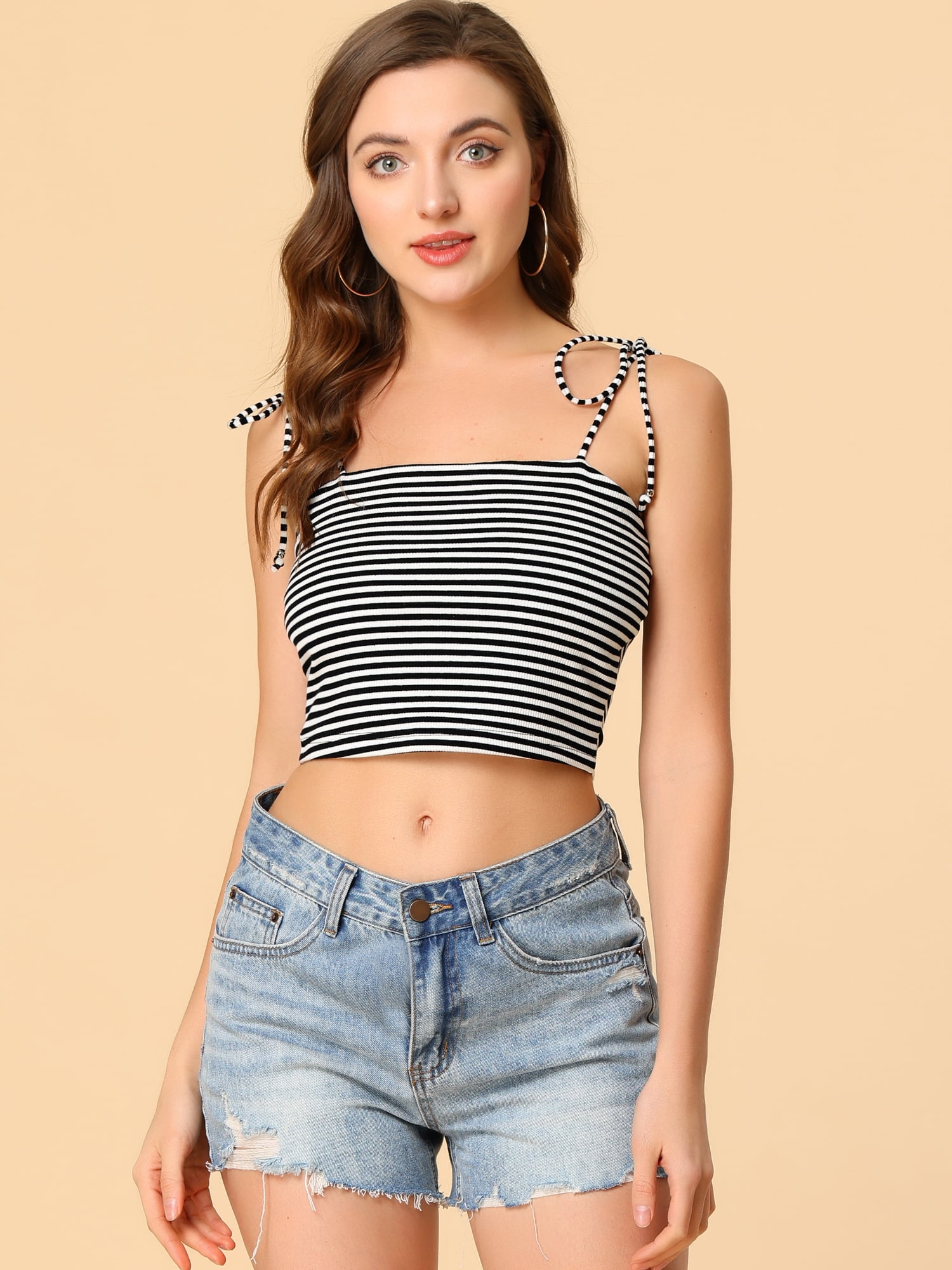 DARING DIVA Women's Rainbow Striped Tie Crop Top L Black White