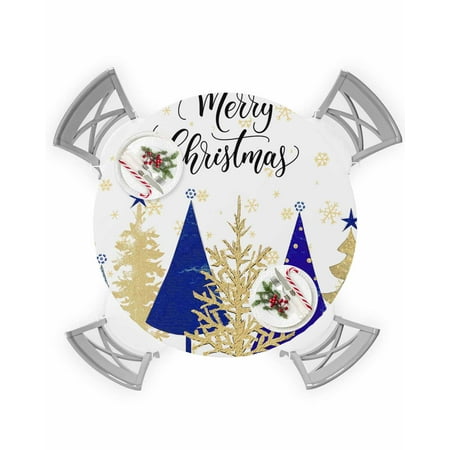 

Round Tablecloth with Elastic Blue Gold Christmas Tree Winter Snowflake Waterproof Stain-proof Table Cover Wipeable Fitted Table Cloths for 45 -54 Round Tables Dining Kitchen Indoor Outdoor Use
