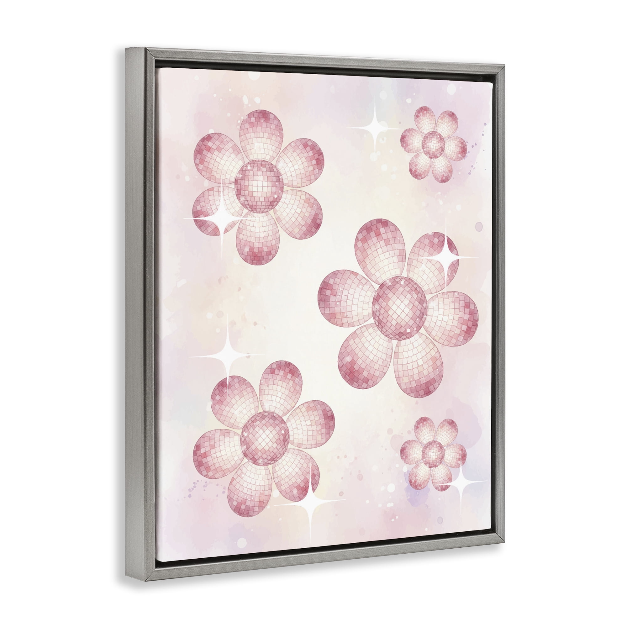 Stupell Industries Disco Ball Floral Patterns Gray Framed Floater Canvas Wall Art, design by Lil' Rue