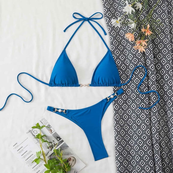 Dresfit Deep V High Waisted Bikini Set - Sexy Two Piece Swimsuit with Cheeky Bottom Blue S