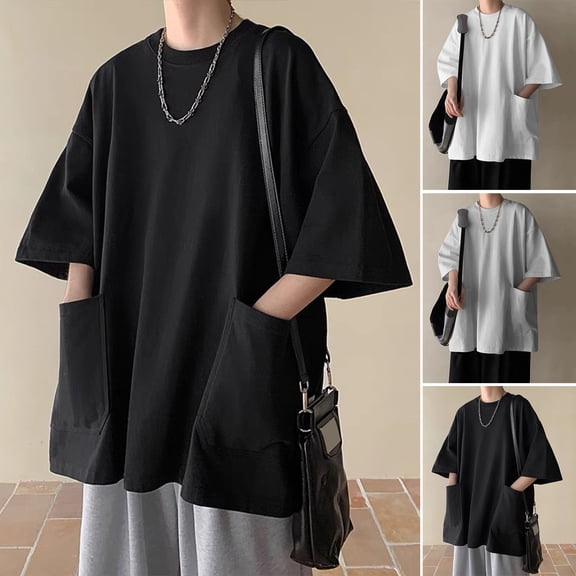 sunsanly Summer Men T-shirt Round Neck Loose Mid Length Solid Color Plus Size Pockets Half Sleeves Streetwear Outdoor Top
