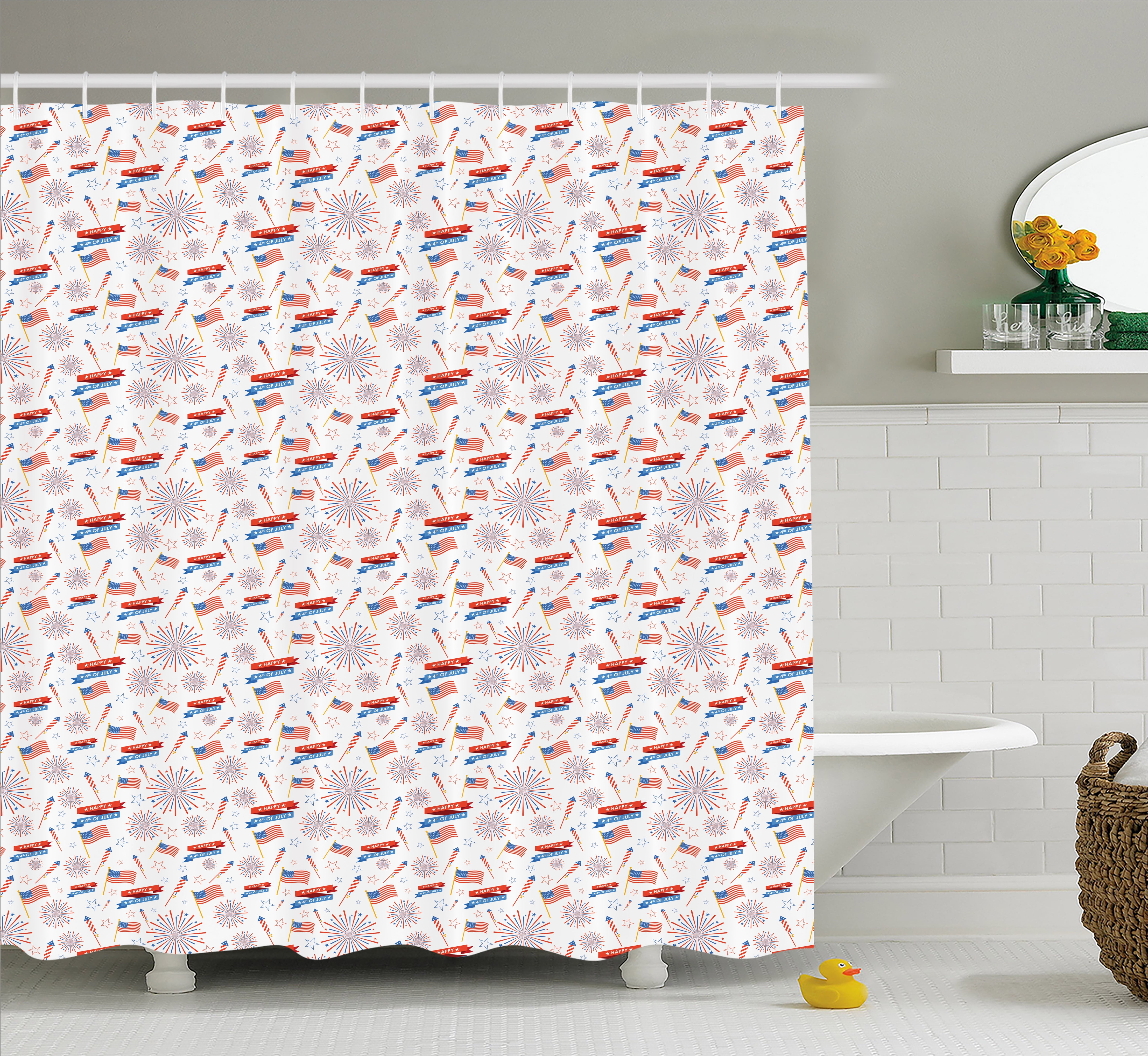 4th of July Shower Curtain, Patriotic Festive July Holiday with American Celebration Flags and 