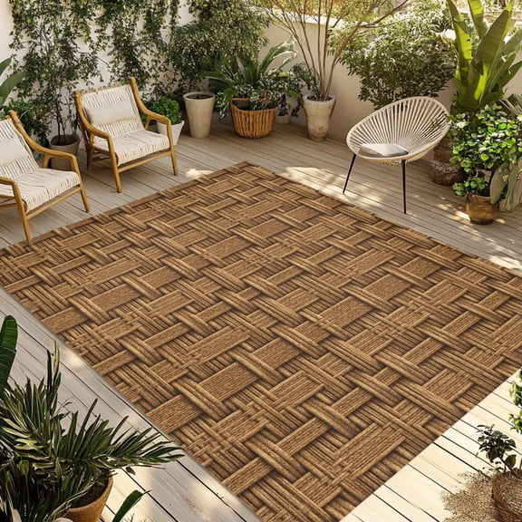Vintage Rattan Outdoor Rug for Patio/Deck/Porch, Non-Slip Large Area Rug 5 x 7 Ft, Minimalist Abstract Wicker Texture Brown Indoor Outdoor Rugs Washable Area Rugs, Camping Rug Carpet Runner