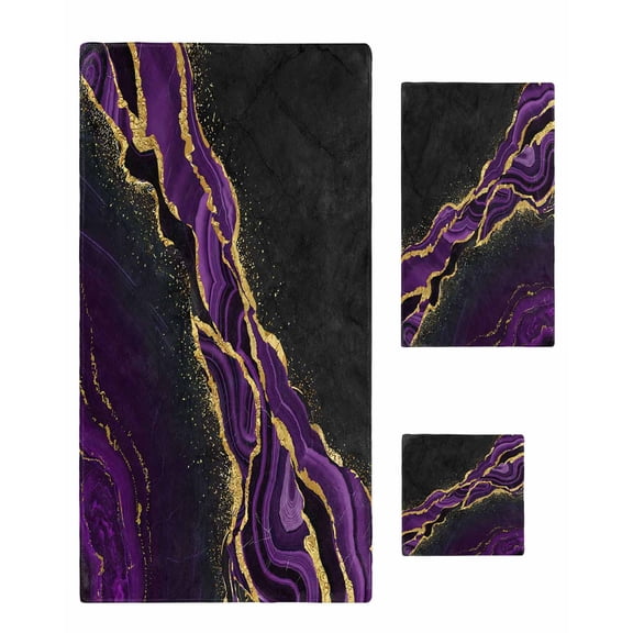 Marble Black Towel Set of 3, Soft Microfiber Bath Towels, Hand Towel, Washcloths, Purple Gold Art Abstract Vintage Farmhouse Quick-Dry Absorbent Towels for Bathroom Kitchen Hotel Beach Gym Spa