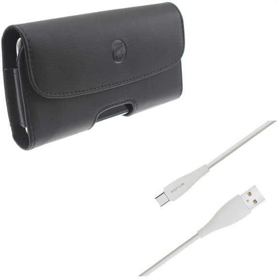 Black Horizontal Leather Case Side Cover Pouch w 10ft Long TPE USB Type-C Cable Wire Sync R5R for Alcatel 7 - Coolpad Legacy - Nokia 3.1 Plus - OnePlus 7 Pro - Samsung Galaxy S10 5G Note 9 8