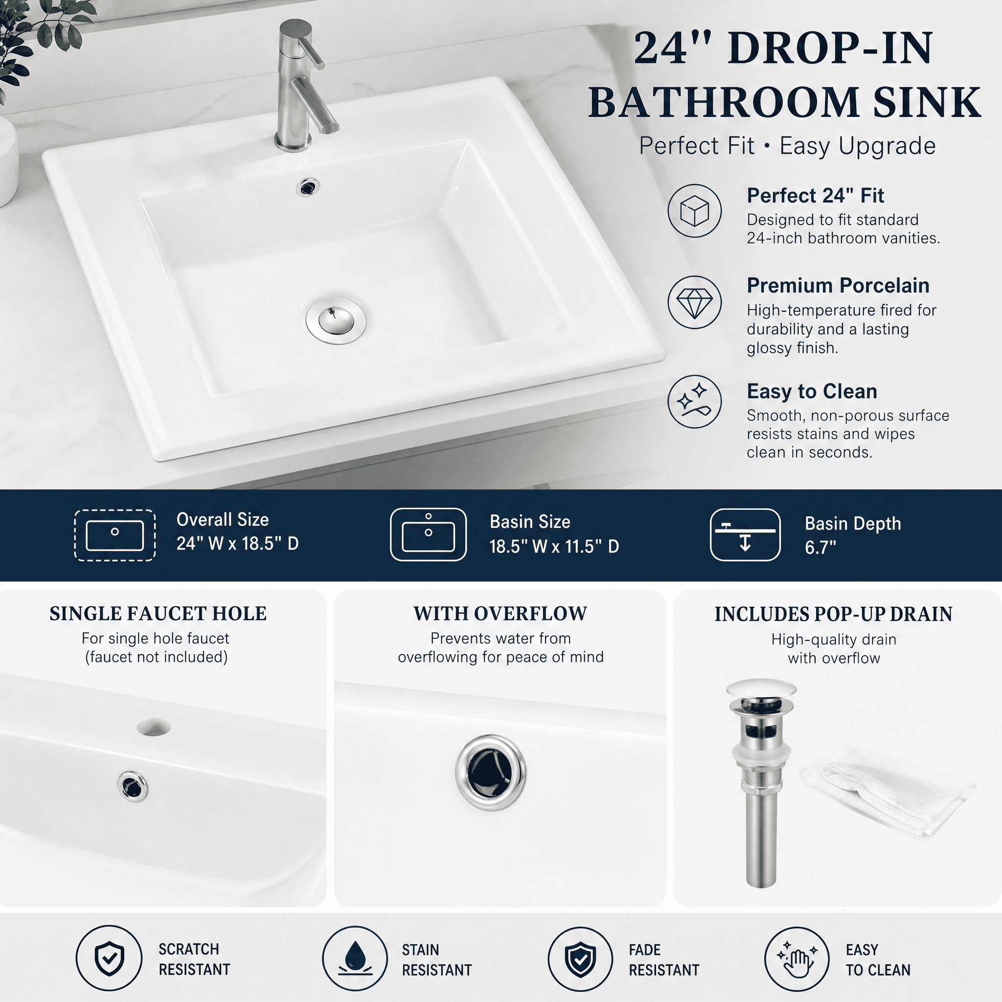24″W x 18″D Drop In Bathroom Ceramic Vessel Sink with Single Hole, White Rectangle Porcelain Vanity Top Mount with Overflow for Bathrooms Replacement