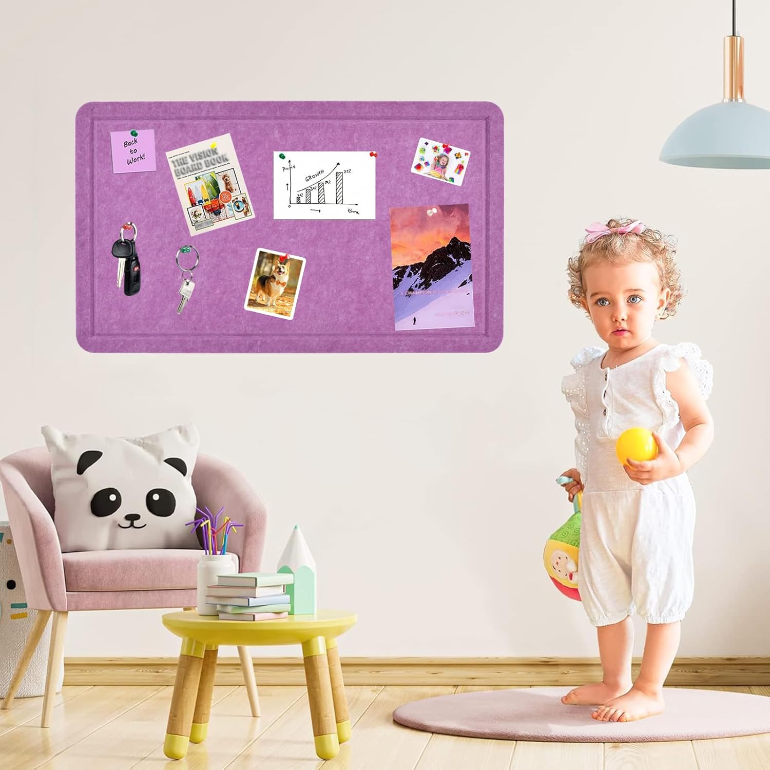 Violet Purple 28"x16" Large Cork Board with 50 Push Pins for Valentine's Day, Self-Adhesive Bulletin Wall, Felt Pin Vision Paste Notes,Schedules Offices Home