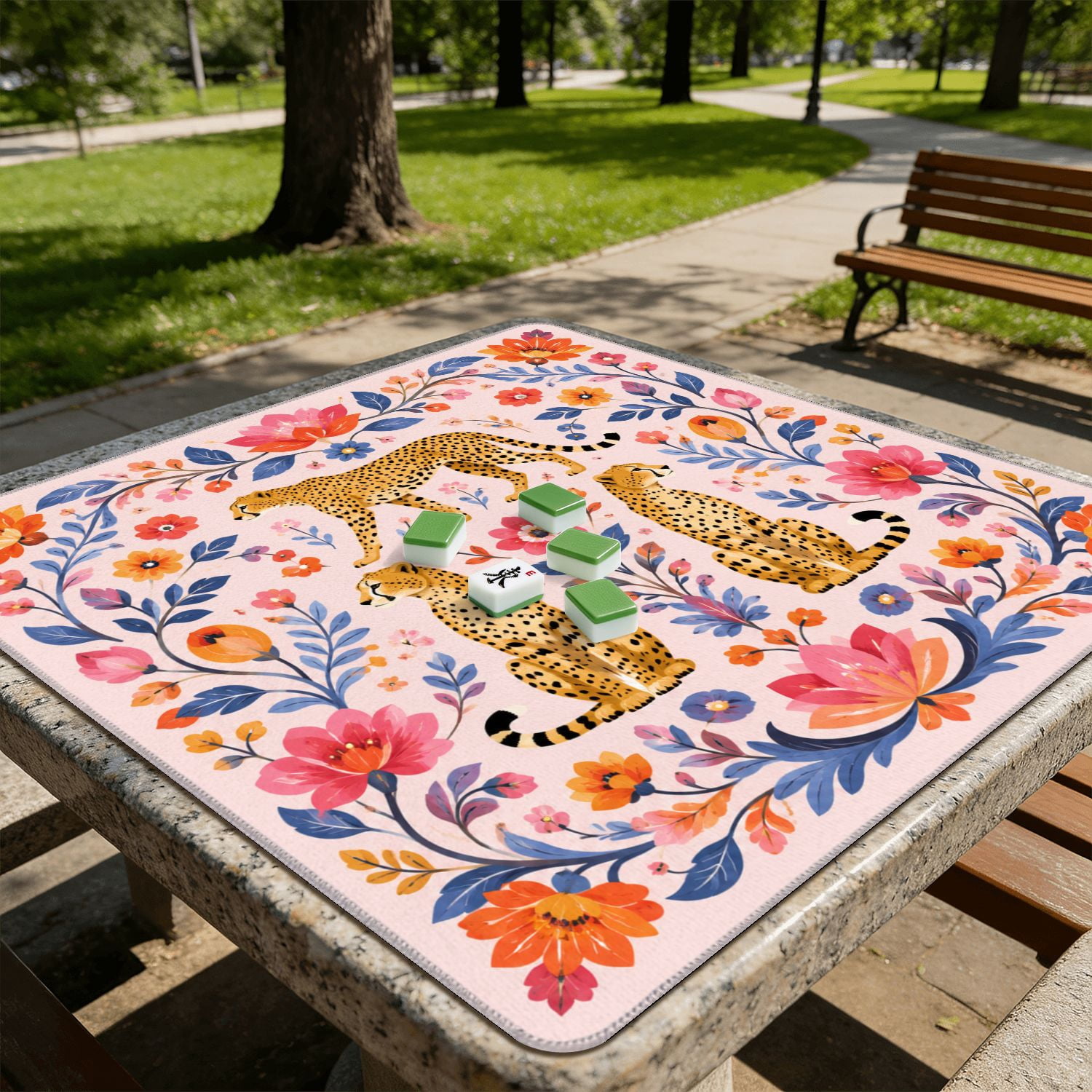Mahjong Mat 31.5" x 31.5" Leopard Floral Vibrant Colors Pink Non-Slip Noise Reduction American Mahjong Tiles Table Cover for Dominoes Poker Card Board Games Gift