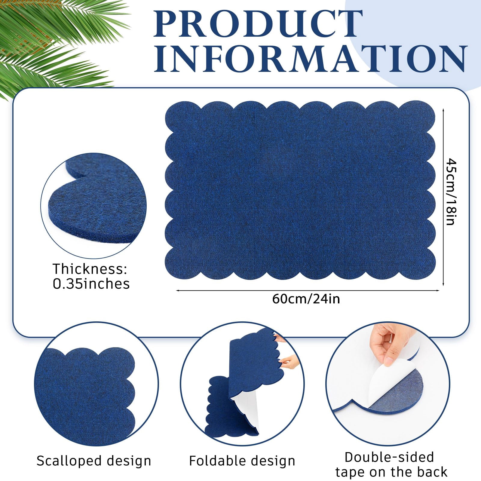 Scalloped Felt Bulletin Board 24 X 18 Inches Foldable Dark Blue Pin Cork Alternative For Wall  2' 1.5' Trifold Picture Vision Self Adhesive Decorative