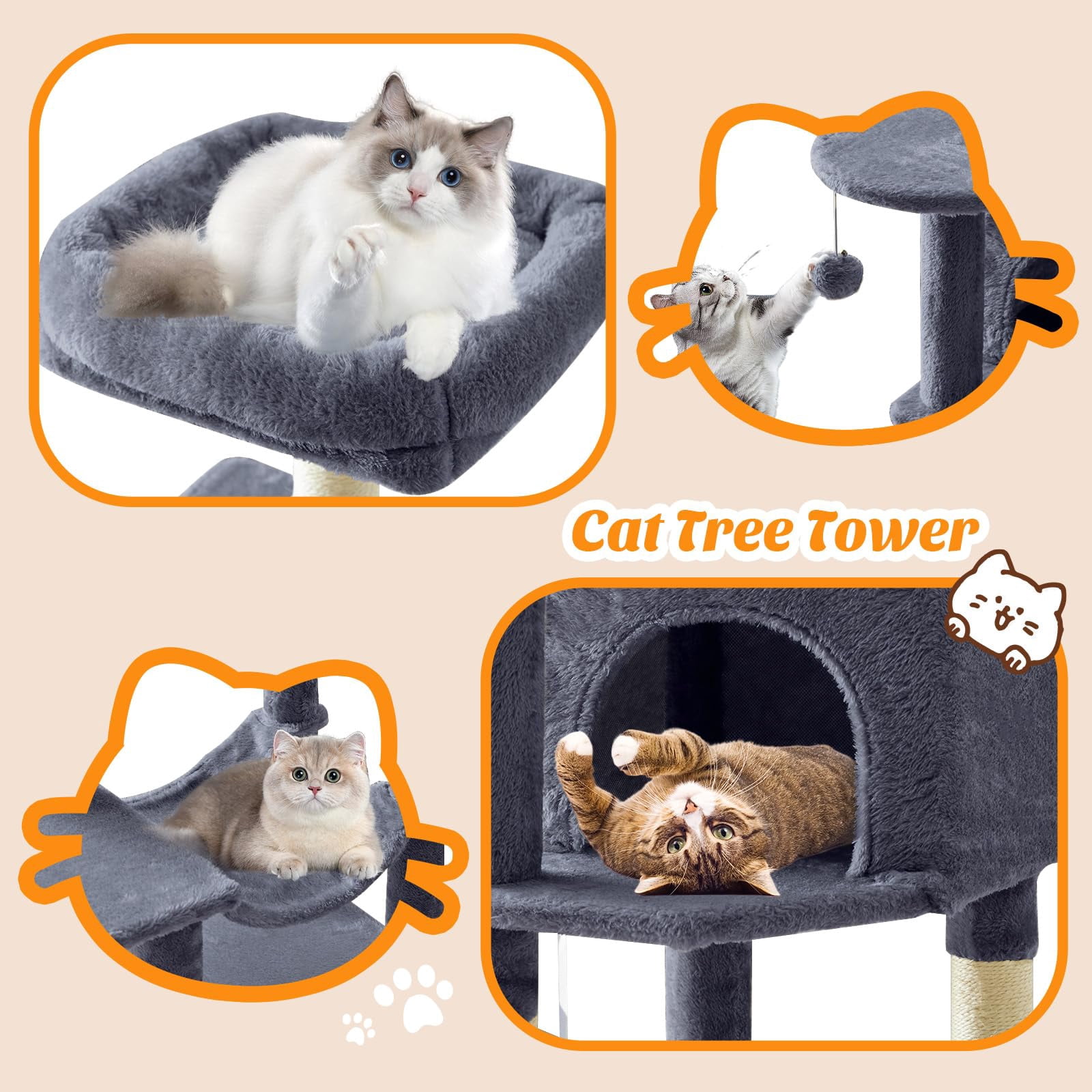 Atilioo 44 inch Cat Tree, Multi-Level Indoor Cat Tower with Condo, Hammock, Sisal Scratching Posts, Anti-Tip Bolts for Indoor Cats, Gray