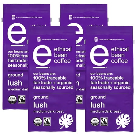 Fairtrade Organic Coffee, Lush Medium Dark Roast, Ground Coffee Beans- 100% Arabica Coffee (8 oz Bag), 0.5 Pound (Pack of 4)