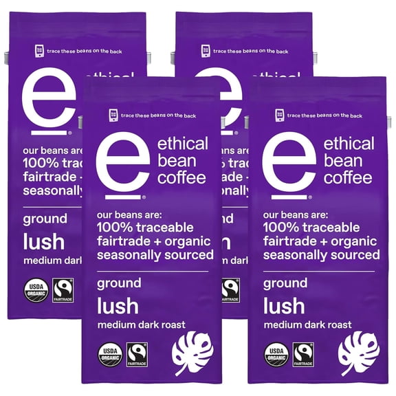 Fairtrade Organic Coffee, Lush Medium Dark Roast, Ground Coffee Beans- 100% Arabica Coffee (8 oz Bag), 0.5 Pound (Pack of 4)