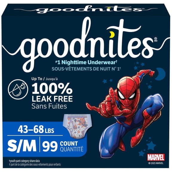 Sous-vêtements de nuit Goodnites pour garçons, taille P/M (20 à 31 kg, [43 à 68 lb]), 99 sous-vêtements