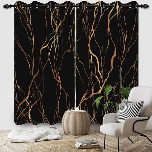 Black Blackout Curtains, Luxury Abstract Black And Gold Window Curtain For Living Room Modern Marble Room Darkening Drapes With Grommets 42"W x 96"L (Pack of 2)