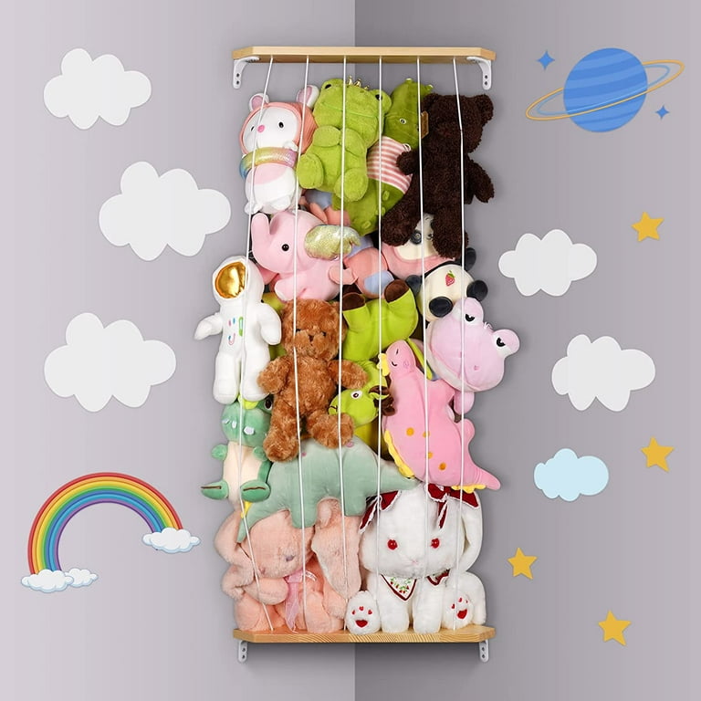 Stuffed Animal Storage, Wood Soft Toy Shelf with Adjustable Length Nursery Toy Organizer Hammock, Hanging Corner Net Stuffed Animal Holder, Plush