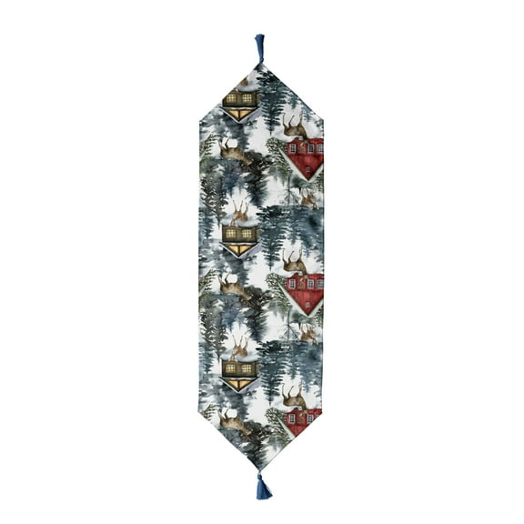 Christmas Holiday Table Runner with Tassels, Festive Colorful Design for Dining Table Décor