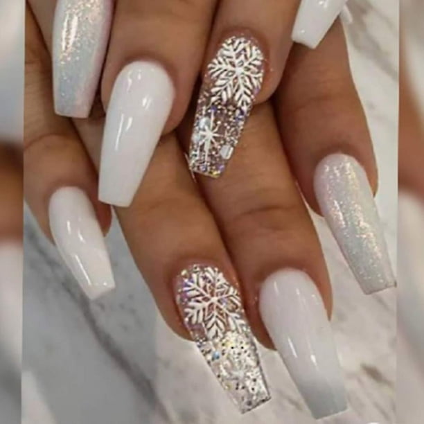 Uñas postizas blancas brillantes con cobertura completa de copo de nieve, uñas postizas acrílicas de Navidad para mujeres y niñas, 24 Uds.