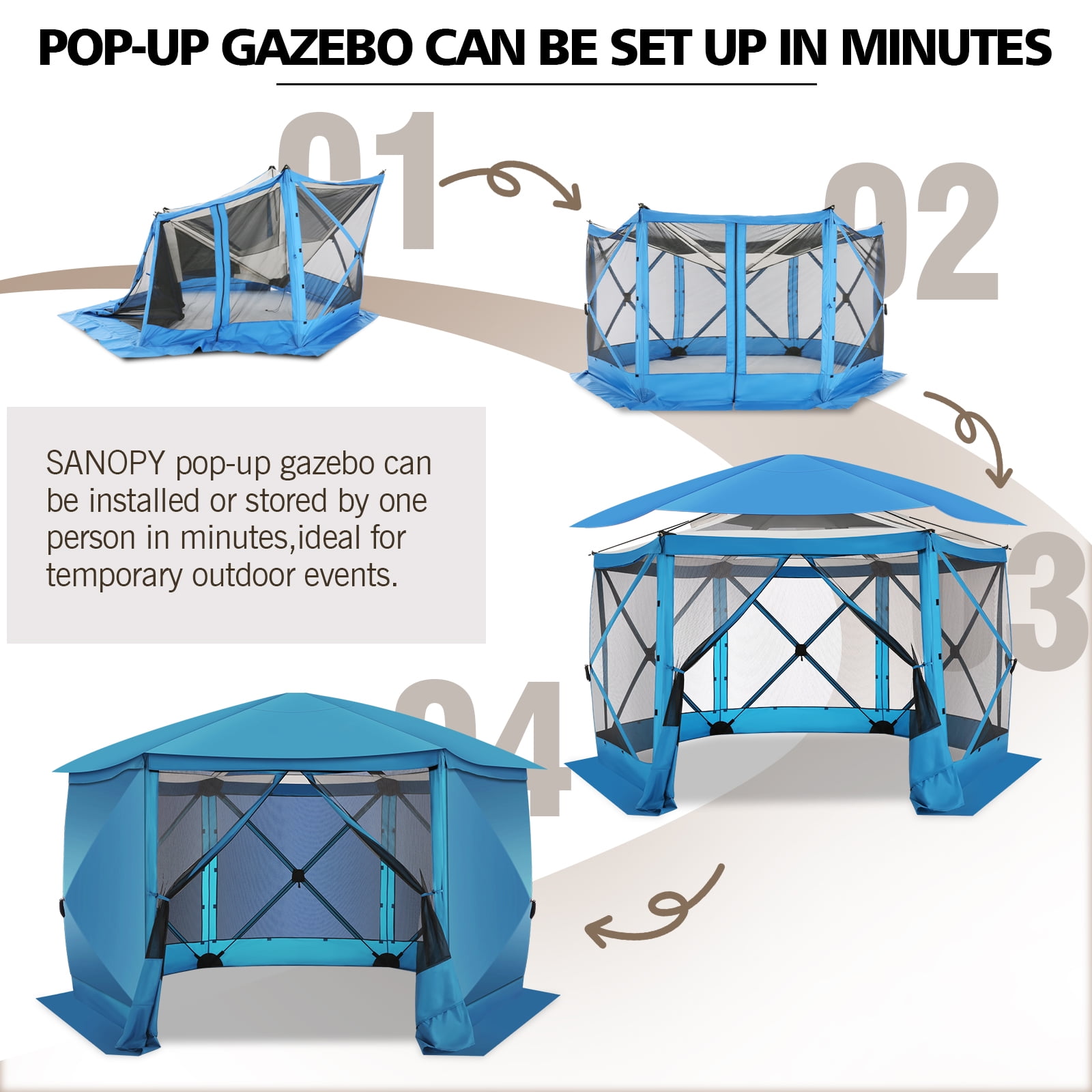 SANOPY 12'x12' Pop up Gazebo with Starry Sky Covered Gazebo 6-Sided Mosquito Netting and Sidewalls Pop up Screen Gazebo Tent Camping Gazebo Instant Shelter for Deck and Lawns, Blue