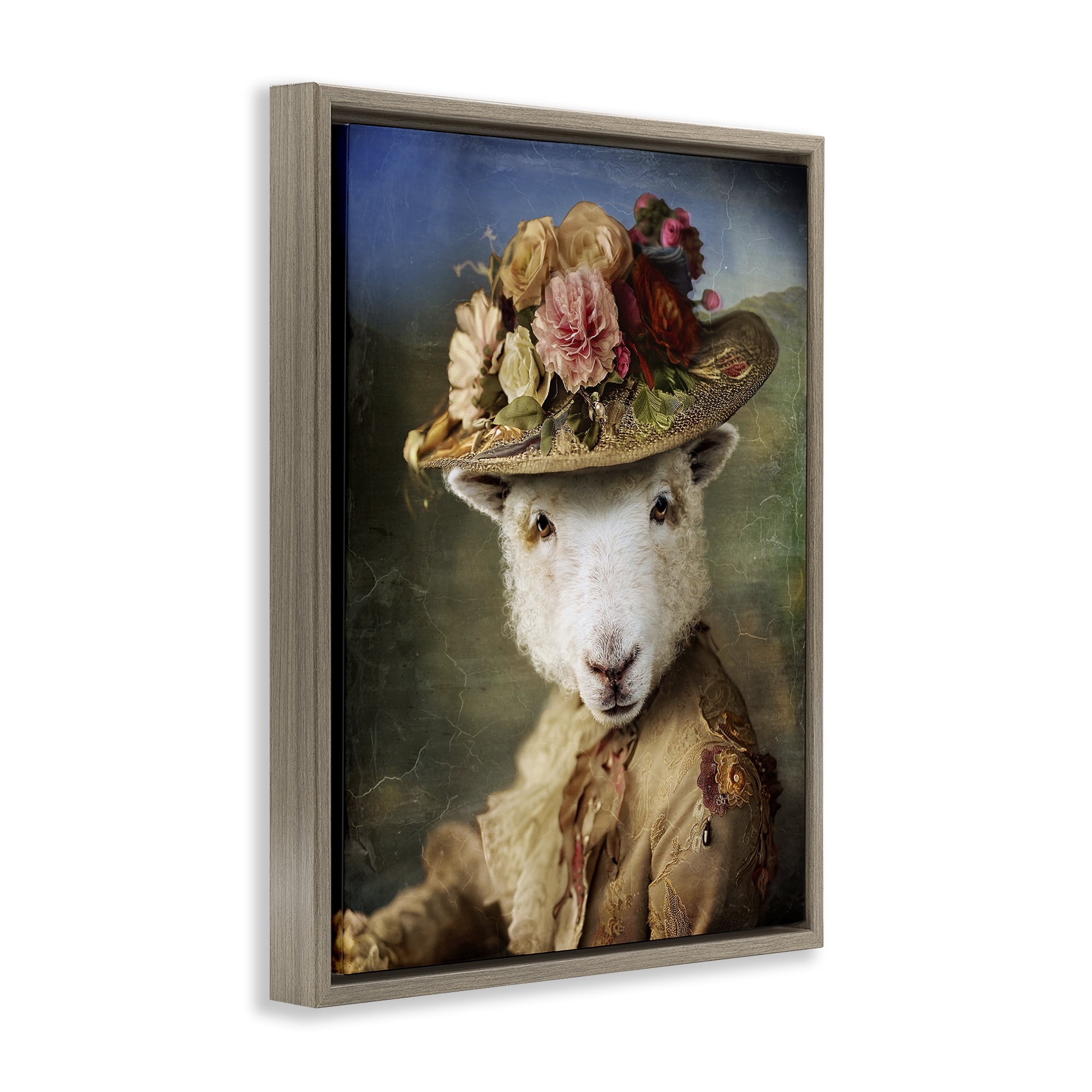 Stupell Industries Lamb with Floral Hat Animals & Insects Painting Brown Floater Framed Canvas Art Print Wall Art, 25 x 31