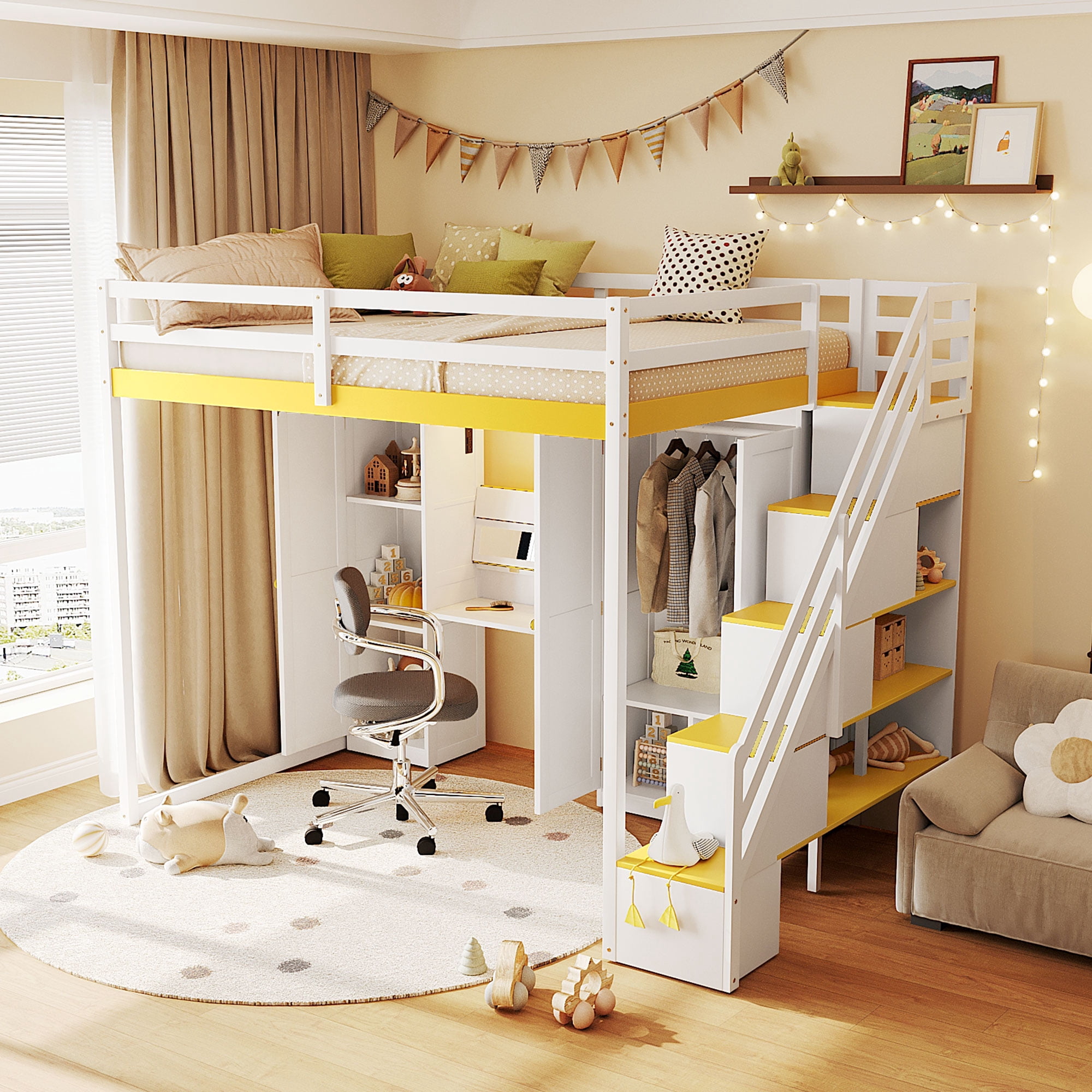 Mintazer Full Size Princess Loft Bed Built-in Dressing Table with Vanity Mirror, Wardrobe, Storage Staircase, Drawer, LED Lights & Charging Station for Girls, White & Yellow
